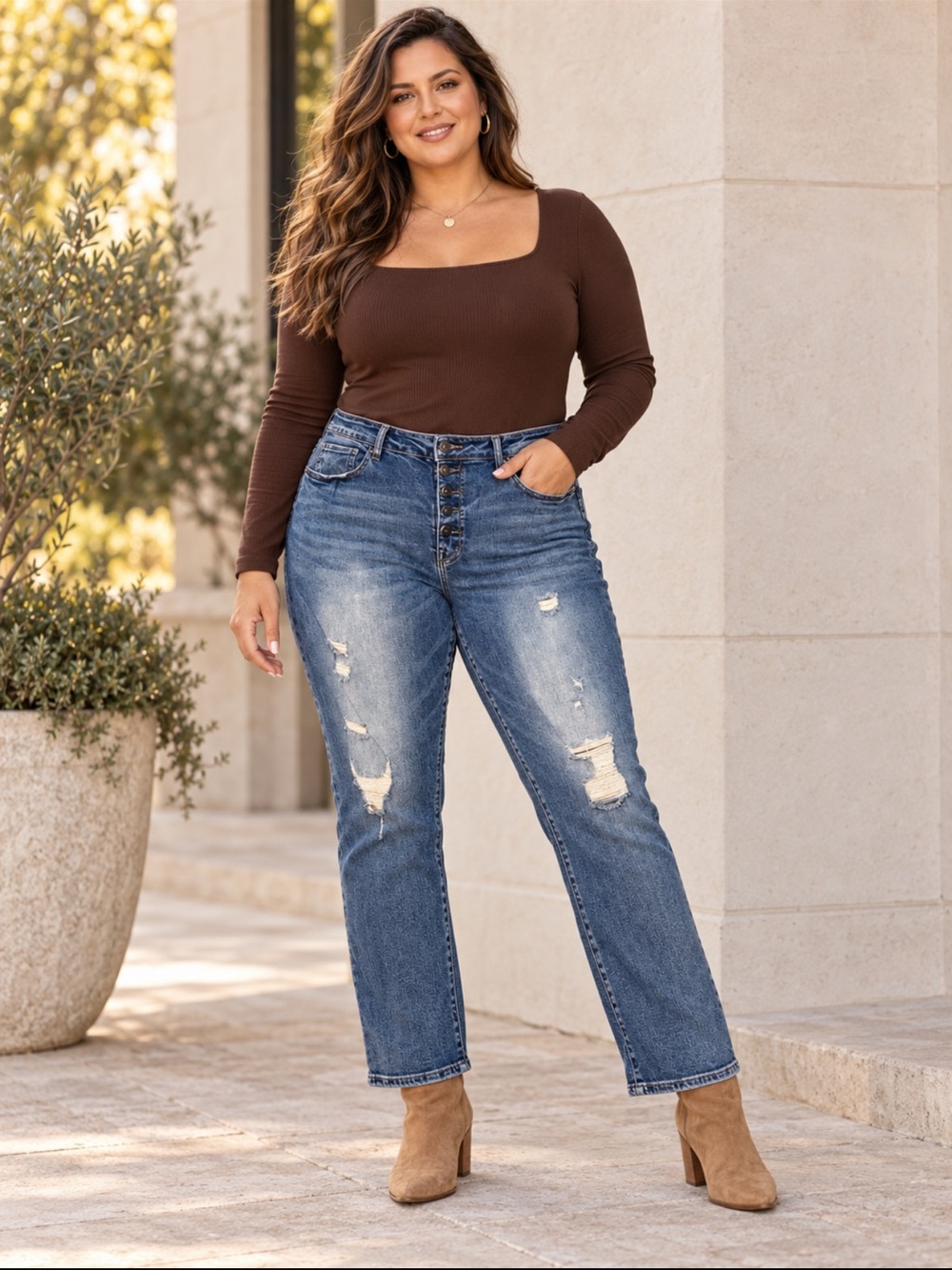 Risen Jeans 3X Plus Size Mid Rise Distressed Button Fly Straight Leg